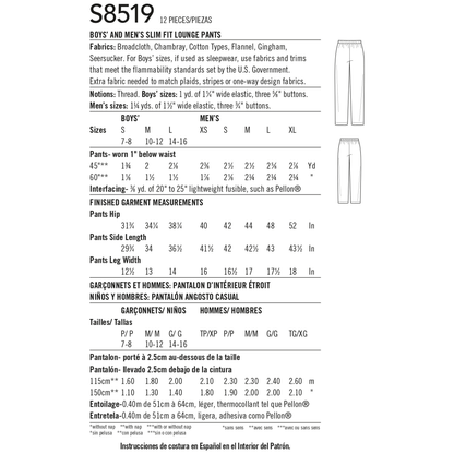 Simplicity S8519 sewing pattern envelope showing men's and boys' lounge trousers