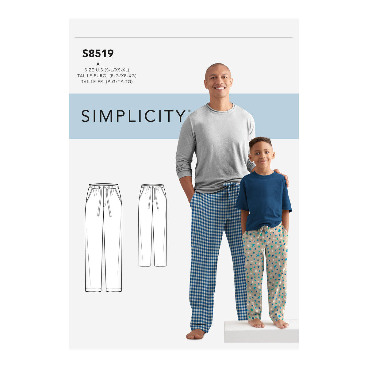 Simplicity S8519 sewing pattern envelope showing men's and boys' lounge trousers