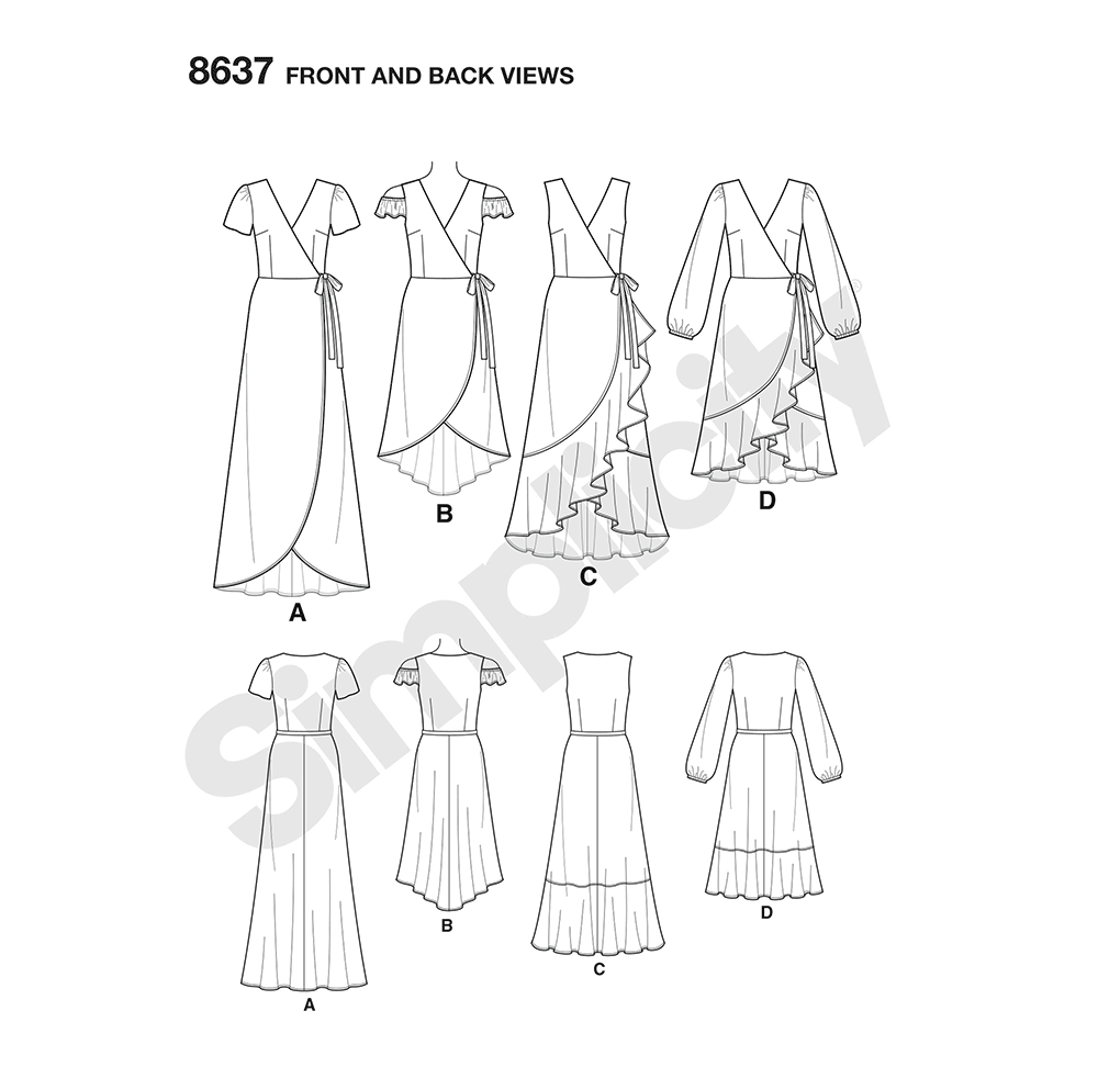 Simplicity S8637 sewing pattern envelope showing wrap dresses