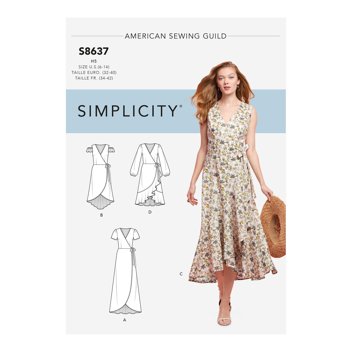 Simplicity S8637 sewing pattern envelope showing wrap dresses
