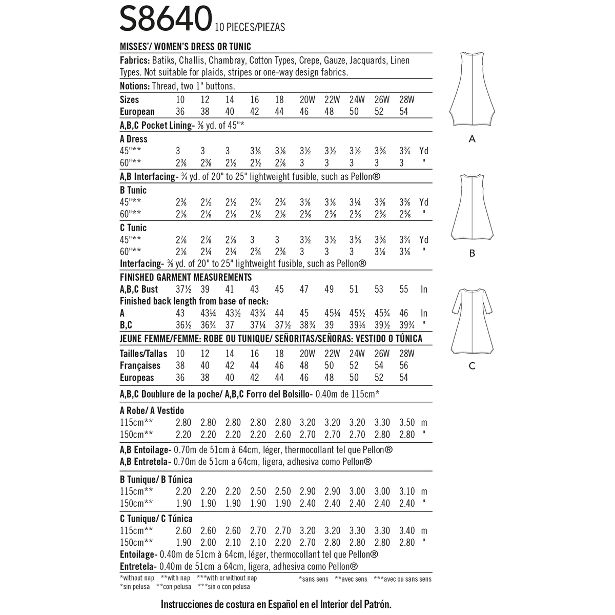 Simplicity S8640 sewing pattern envelope showing loose dress and tunic