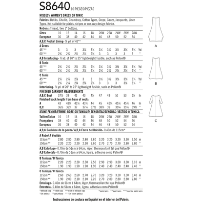 Simplicity S8640 sewing pattern envelope showing loose dress and tunic
