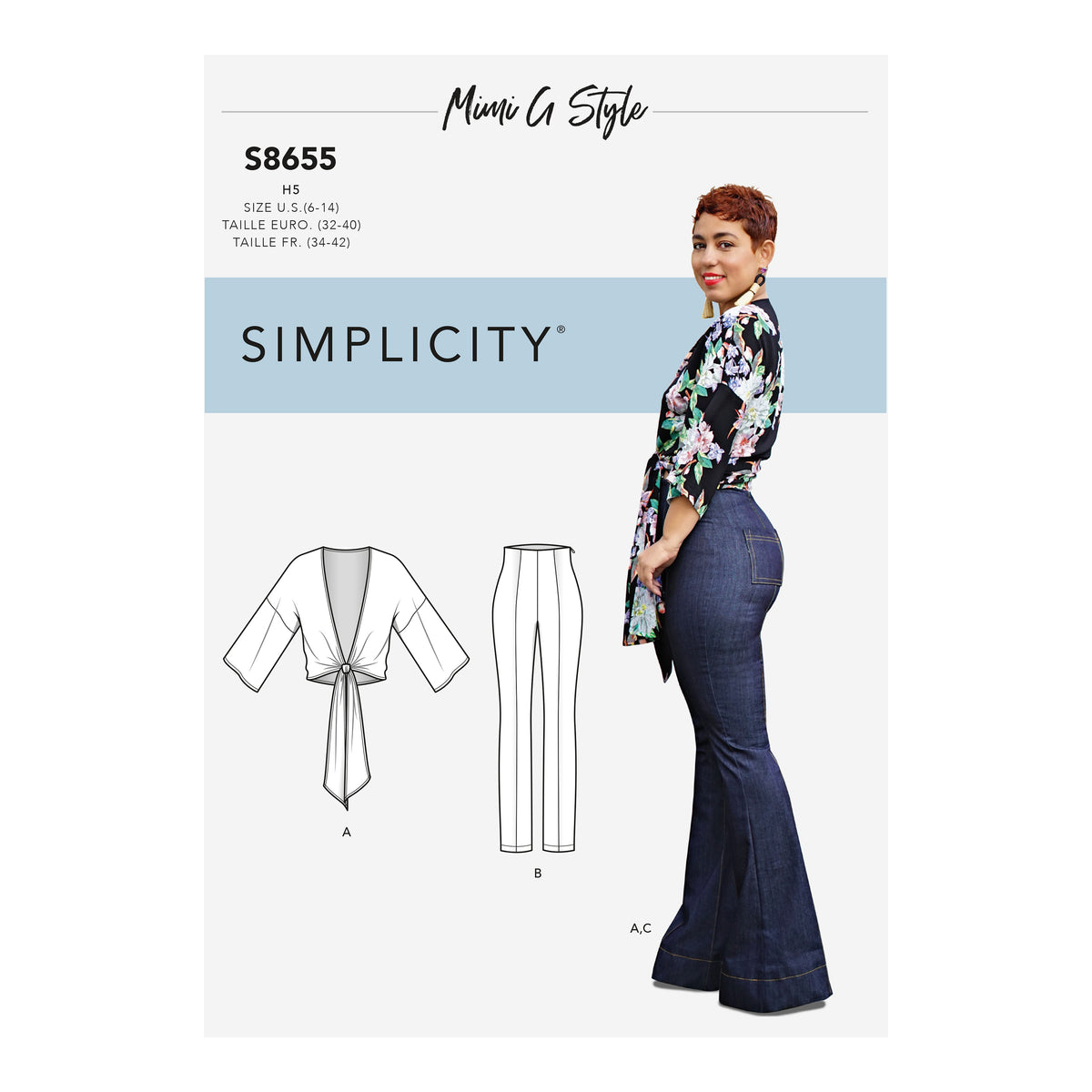 Simplicity S8655 sewing pattern envelope showing high-waisted trousers
