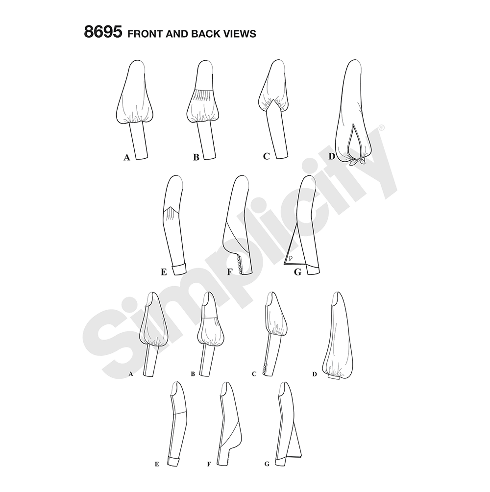 Simplicity S8695 sewing pattern envelope showing sleeve styles