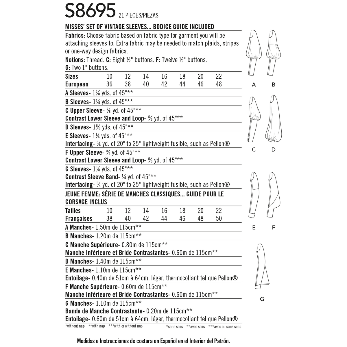 Simplicity S8695 sewing pattern envelope showing sleeve styles