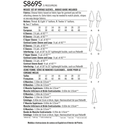 Simplicity S8695 sewing pattern envelope showing sleeve styles