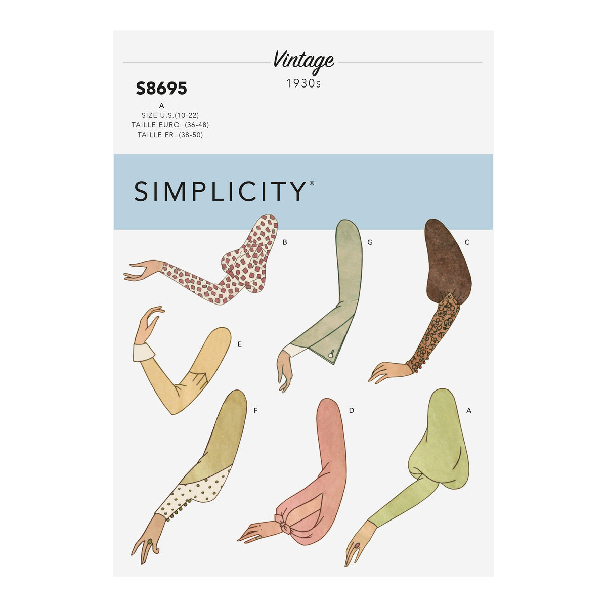 Simplicity S8695 sewing pattern envelope showing sleeve styles