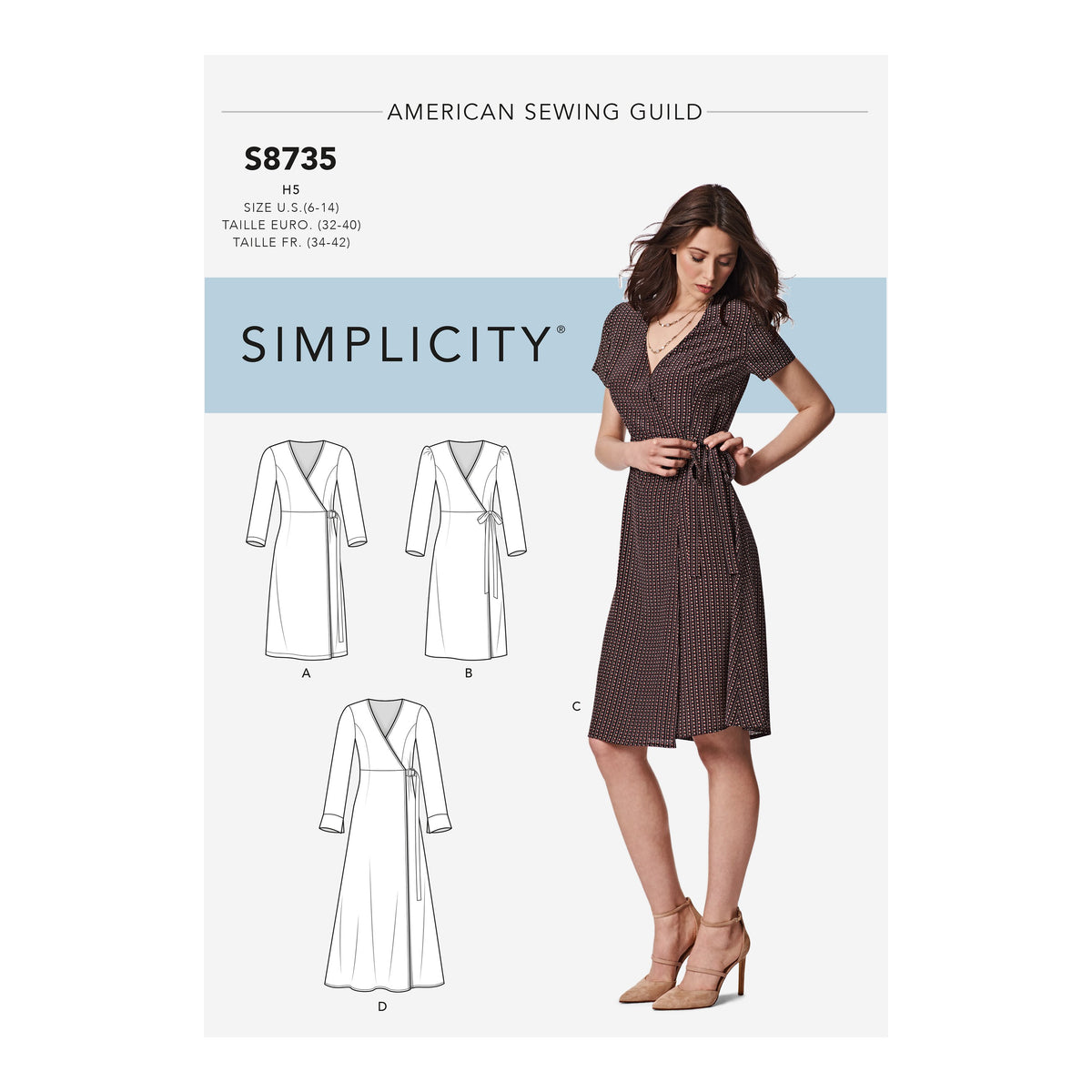 Simplicity S8735 sewing pattern envelope showing wrap dress
