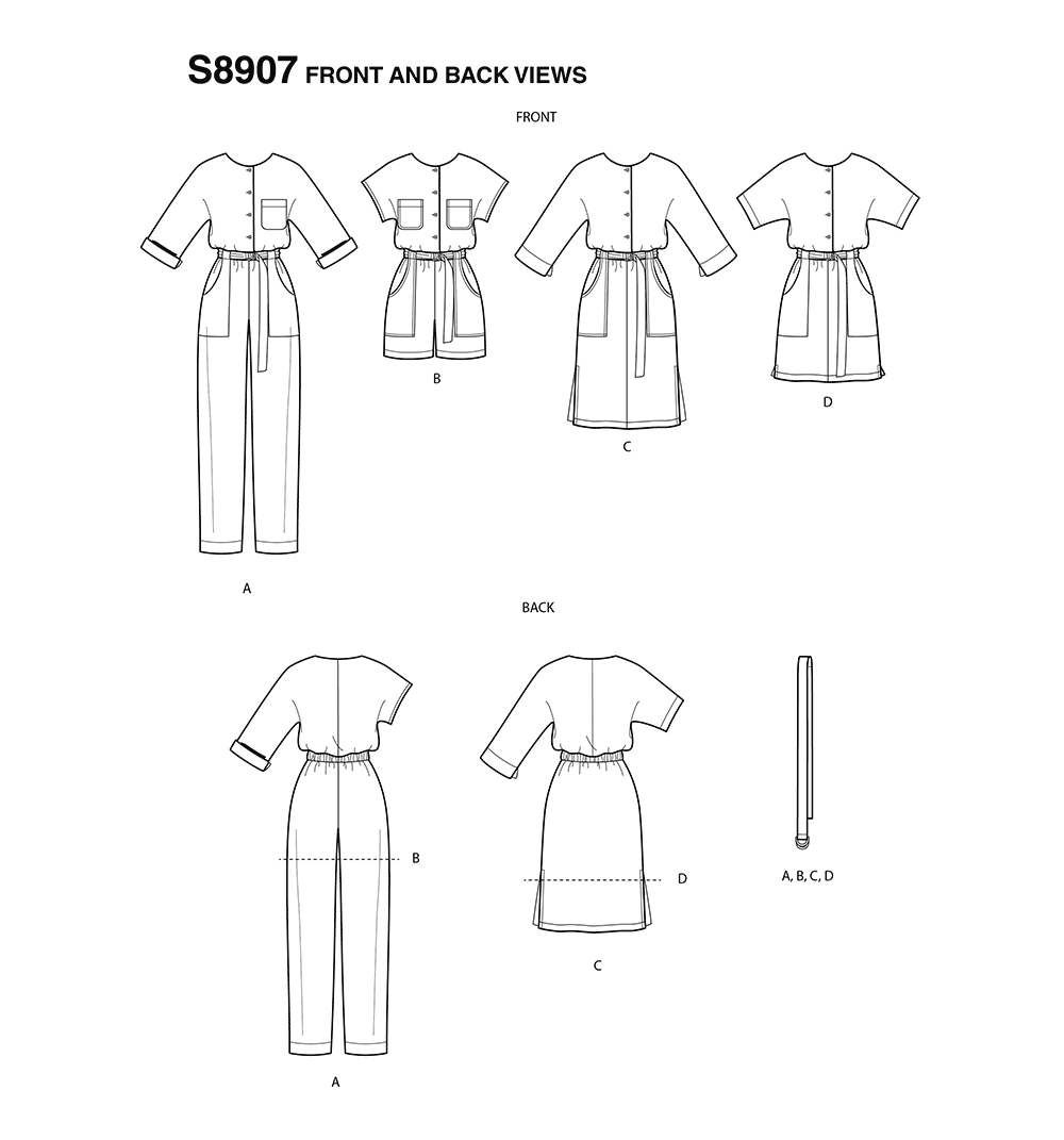 Simplicity S8907 sewing pattern envelope showing jumpsuit, playsuit and dress