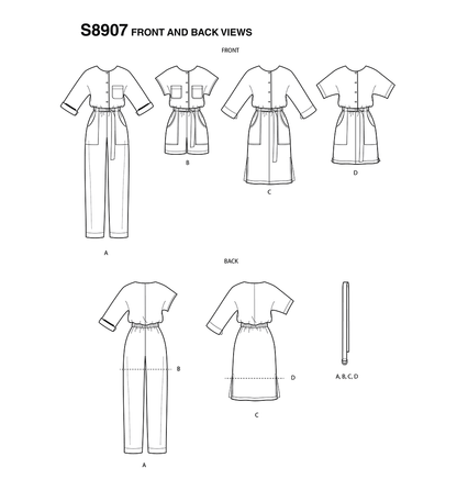 Simplicity S8907 sewing pattern envelope showing jumpsuit, playsuit and dress