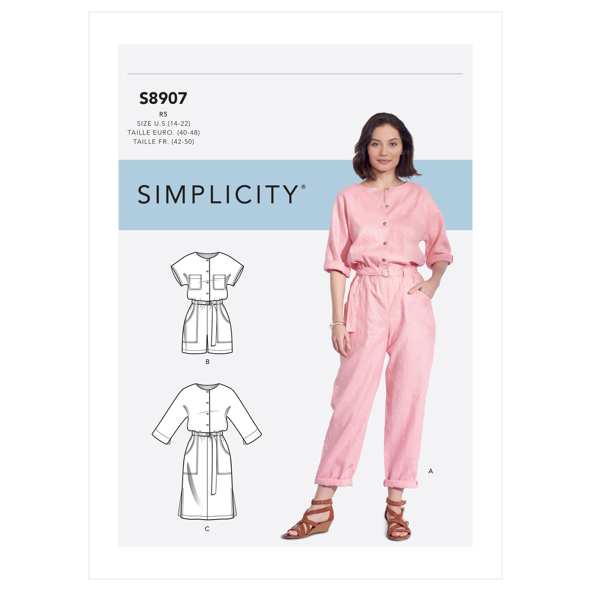 Simplicity S8907 sewing pattern envelope showing jumpsuit, playsuit and dress