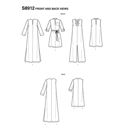 Simplicity S8912 sewing pattern envelope showing maxi and short dresses