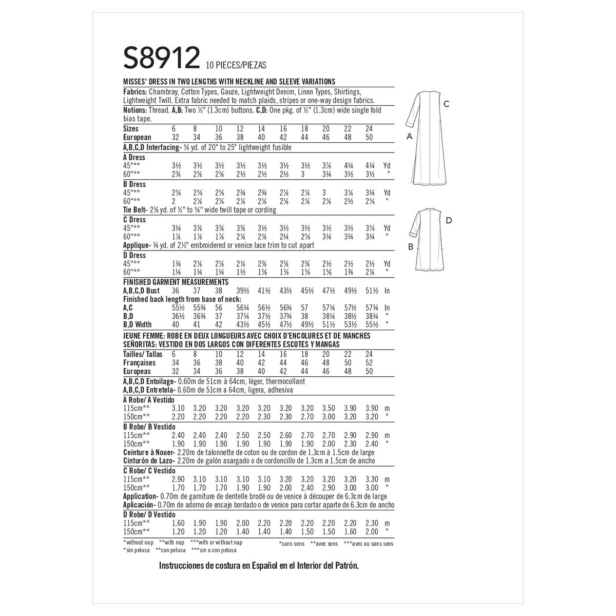 Simplicity S8912 sewing pattern envelope showing maxi and short dresses