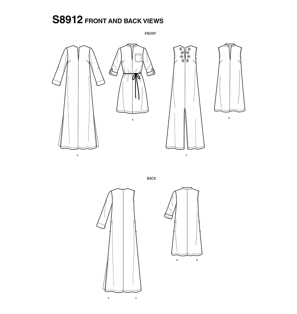 Simplicity S8912 sewing pattern envelope showing the Misses' Maxi or Short Dress designs