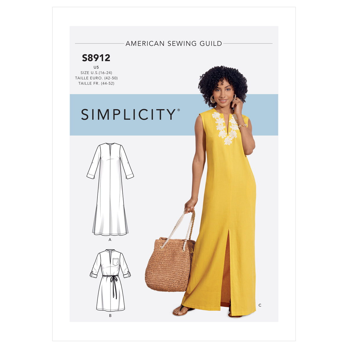 Simplicity S8912 sewing pattern envelope showing the Misses' Maxi or Short Dress designs