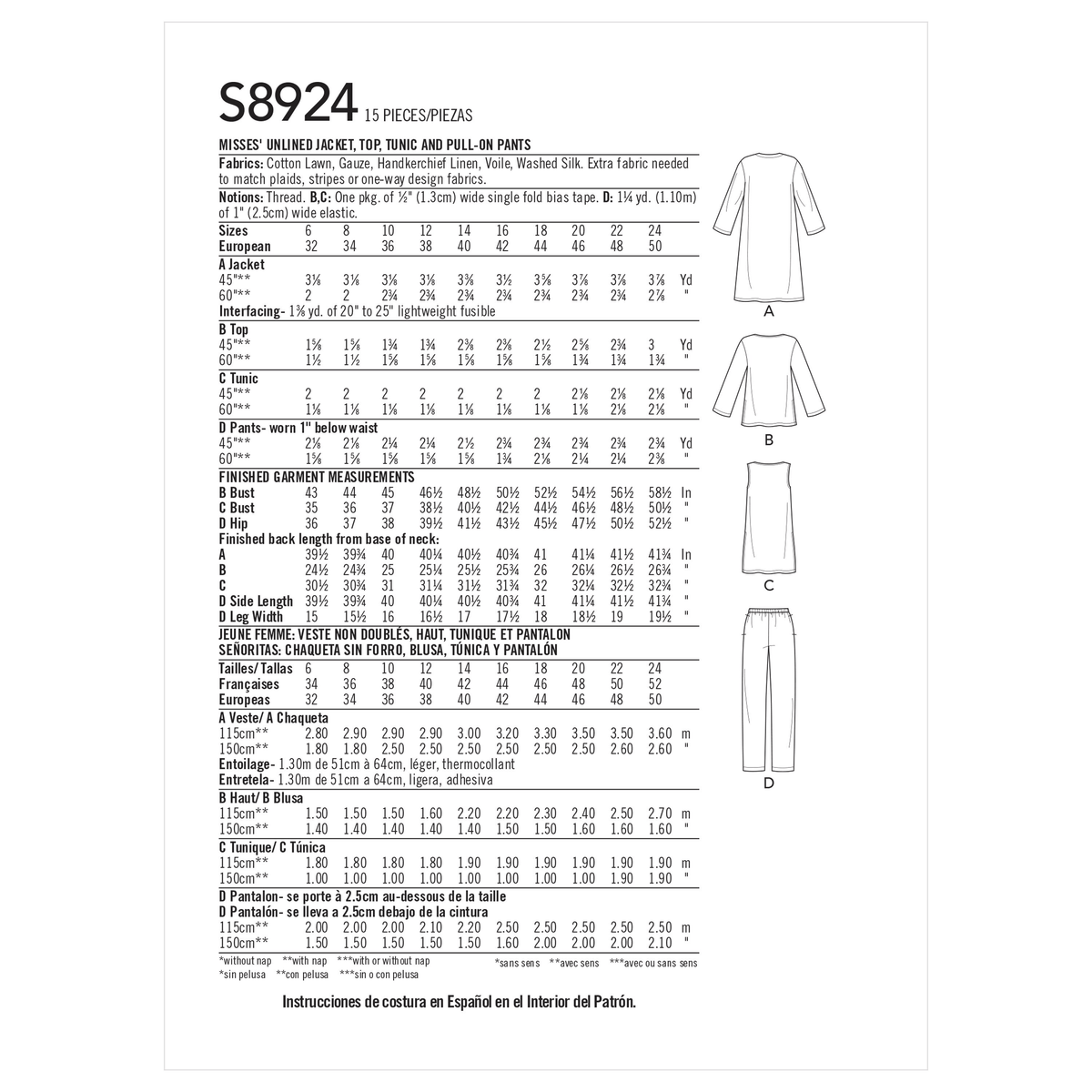 Simplicity S8924 sewing pattern envelope showing the Misses' Casual Wear designs