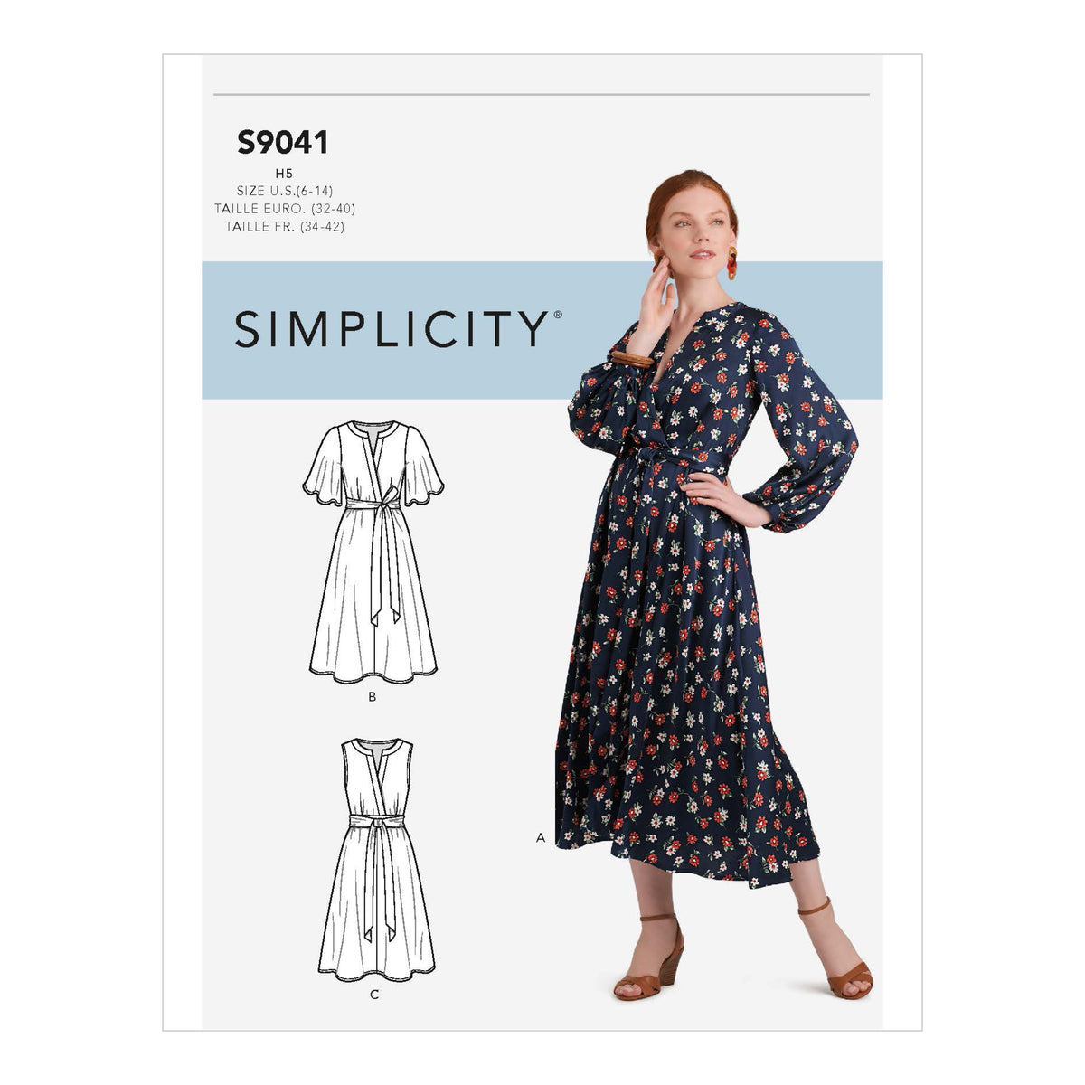 Simplicity S9041 sewing pattern envelope showing the Misses' Wrap Front Dress designs