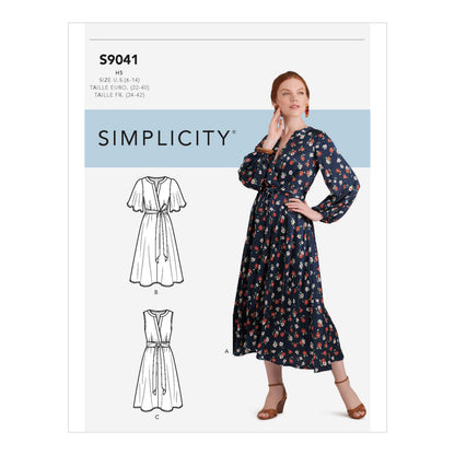 Simplicity S9041 sewing pattern envelope showing the Misses' Wrap Front Dress designs