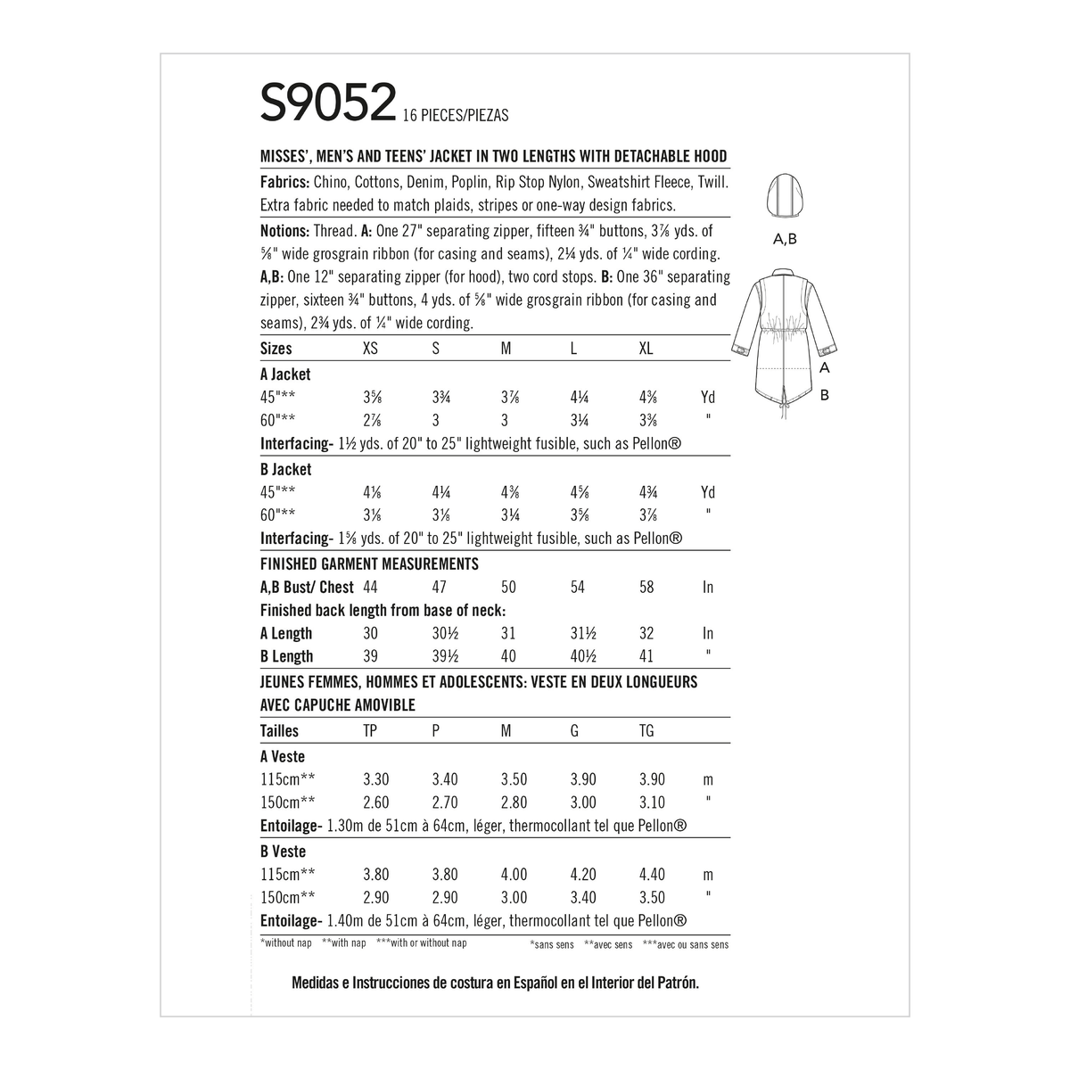 Simplicity S9052 sewing pattern envelope showing the Unisex Jacket designs
