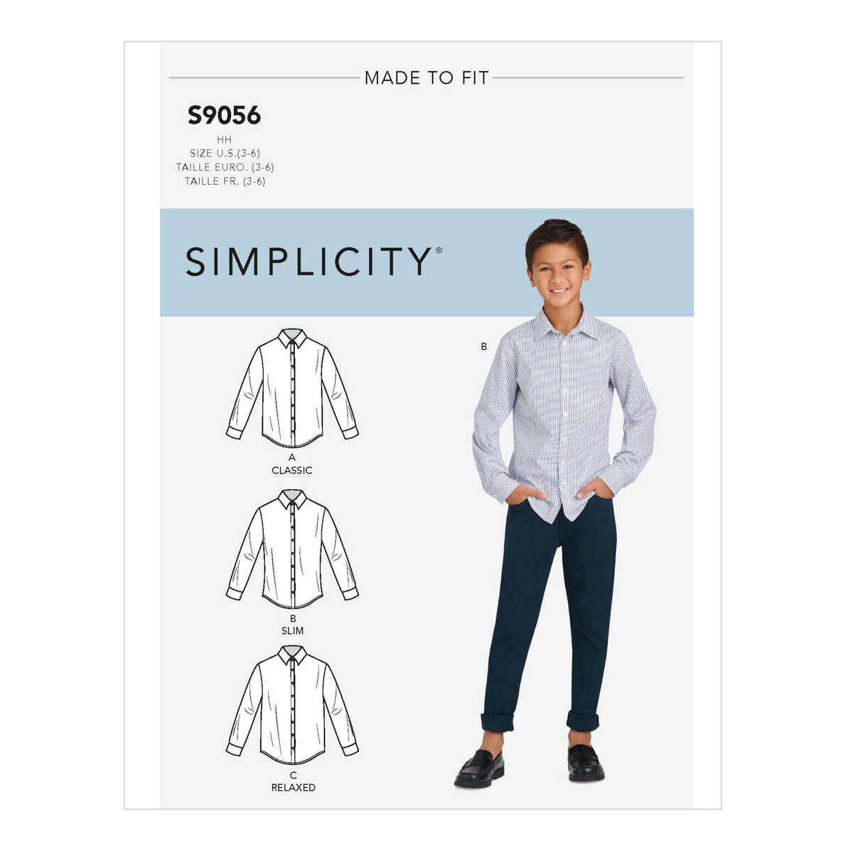 Simplicity S9056 sewing pattern envelope showing the Boys' Shirts designs