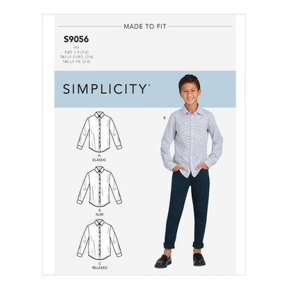 Simplicity S9056 sewing pattern envelope showing the Boys' Shirts designs