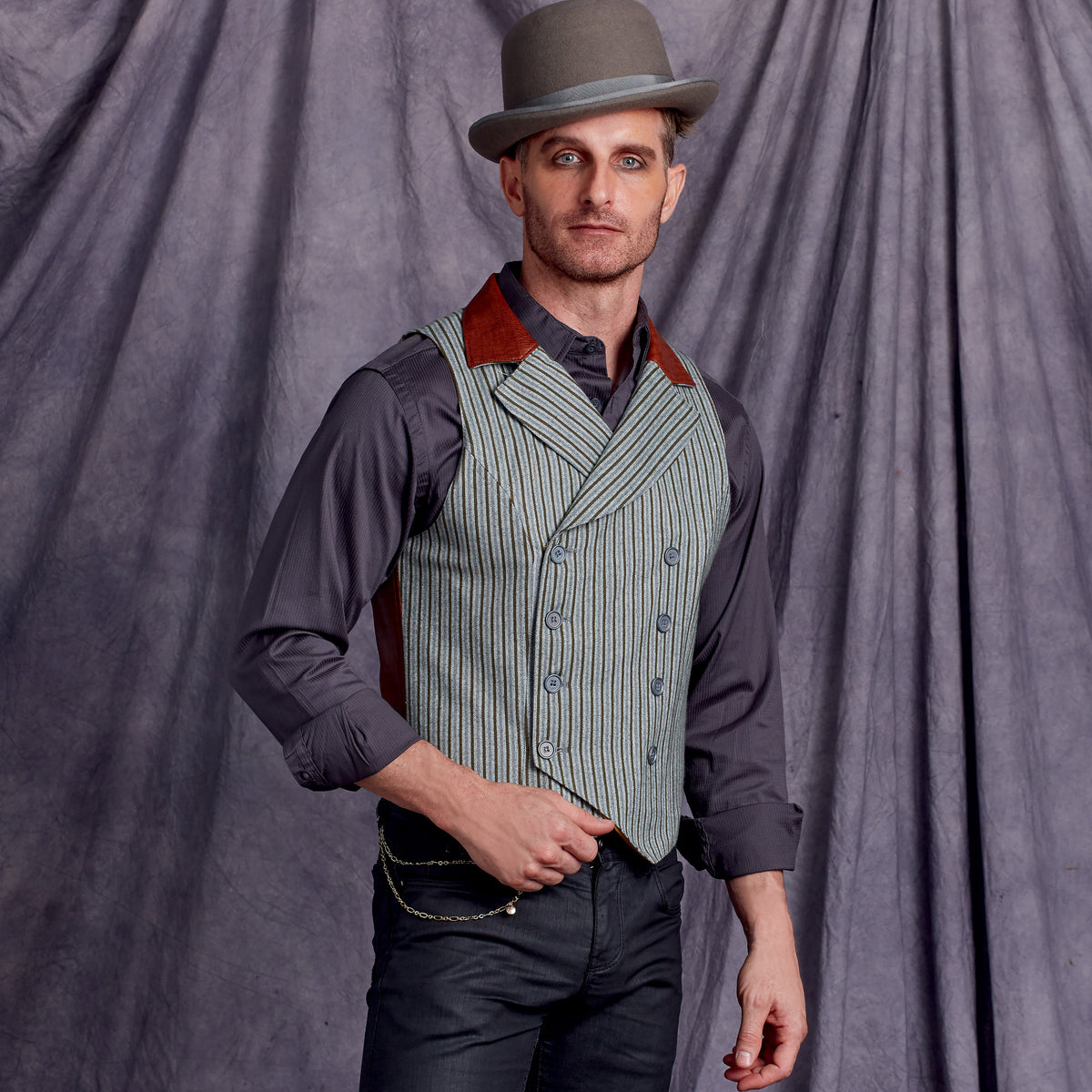Simplicity S9087 sewing pattern envelope showing the Men's Steampunk Victorian Vest Costume designs