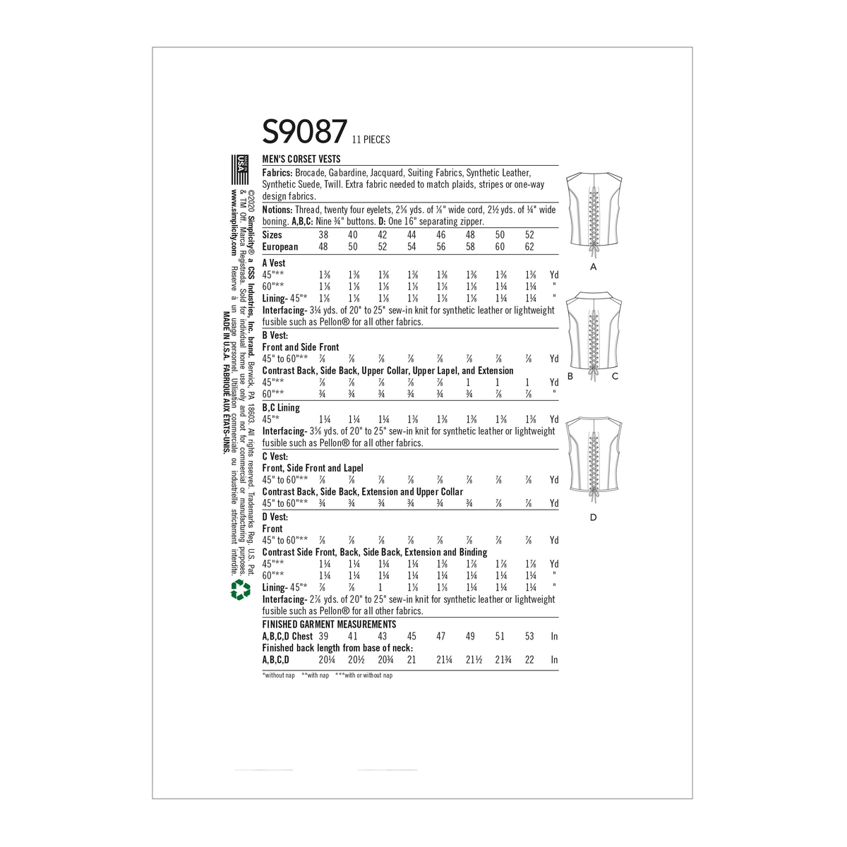 Simplicity S9087 sewing pattern envelope showing the Men's Steampunk Victorian Vest Costume designs
