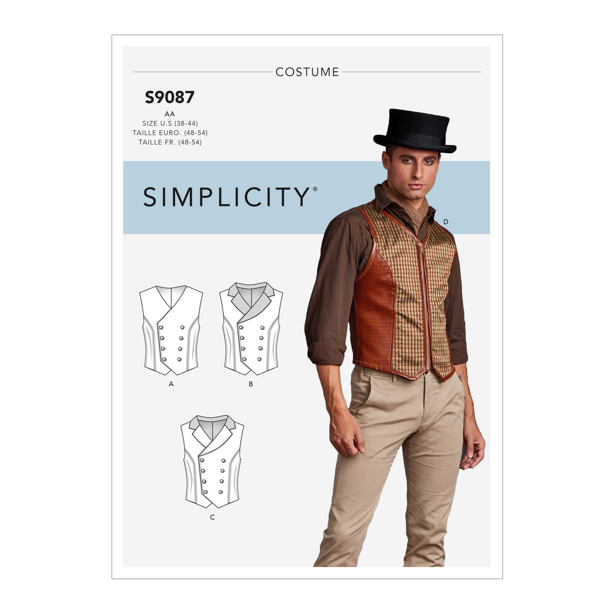 Simplicity S9087 sewing pattern envelope showing the Men's Steampunk Victorian Vest Costume designs