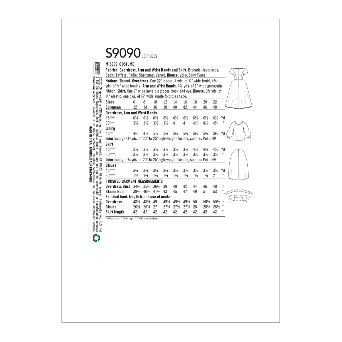 Simplicity S9090 sewing pattern envelope showing the Misses' Historical Costume designs