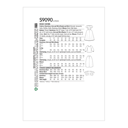 Simplicity S9090 sewing pattern envelope showing the Misses' Historical Costume designs