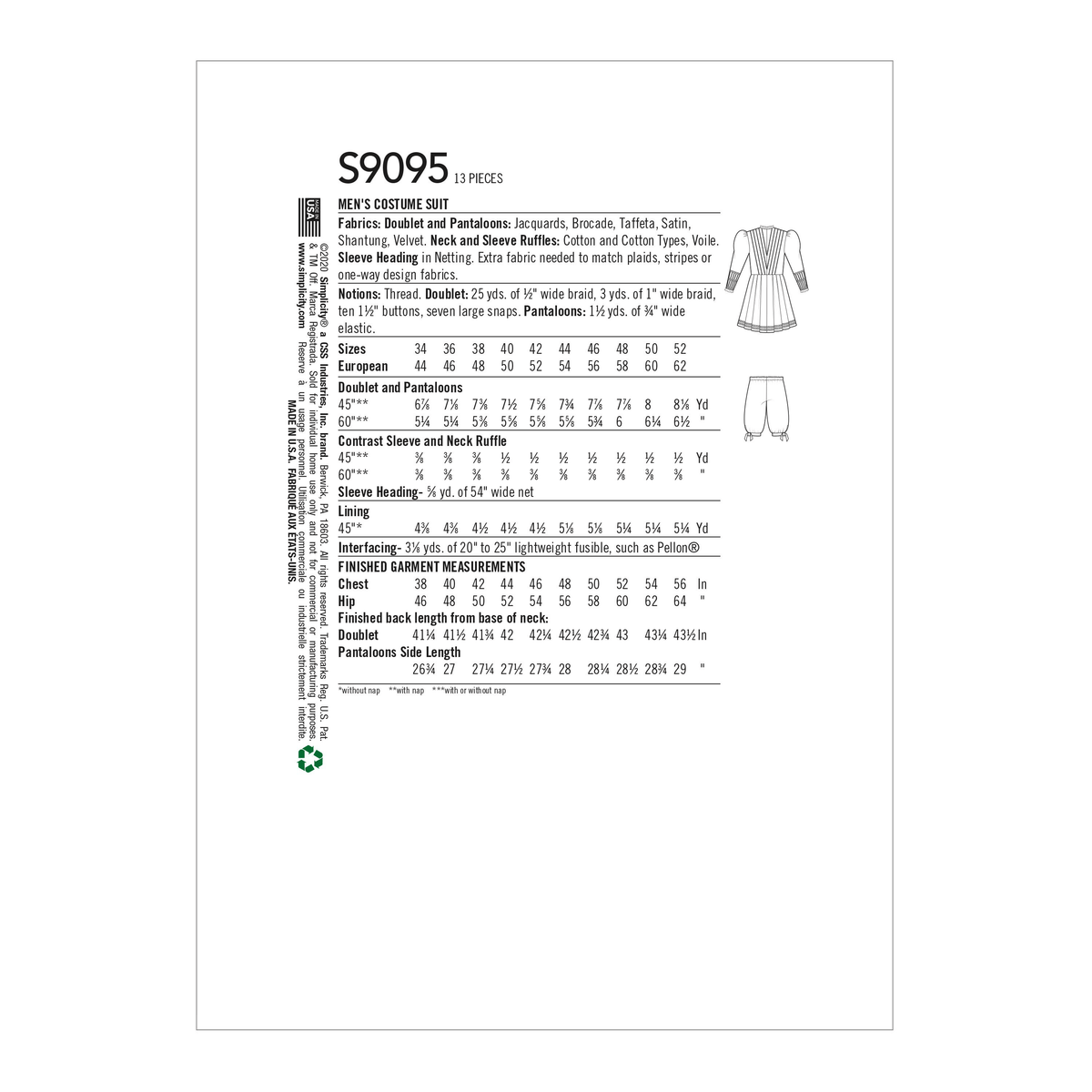 Simplicity S9095 sewing pattern envelope showing the Men's Tudor Doublet Costume designs