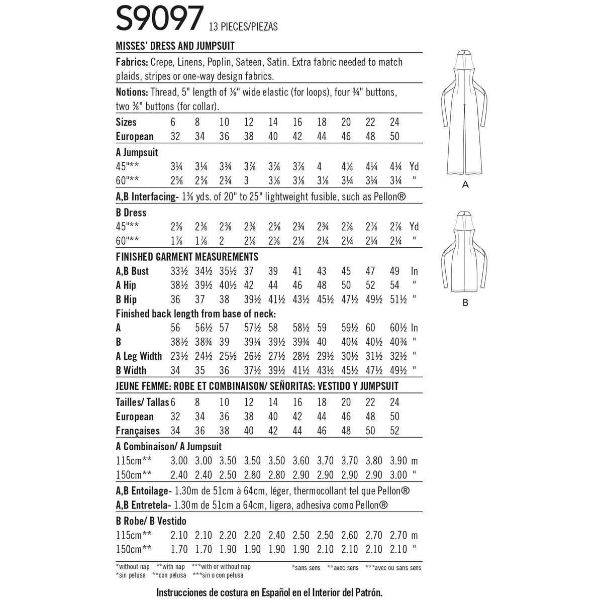 Simplicity S9097 sewing pattern envelope showing the Misses' Dress designs