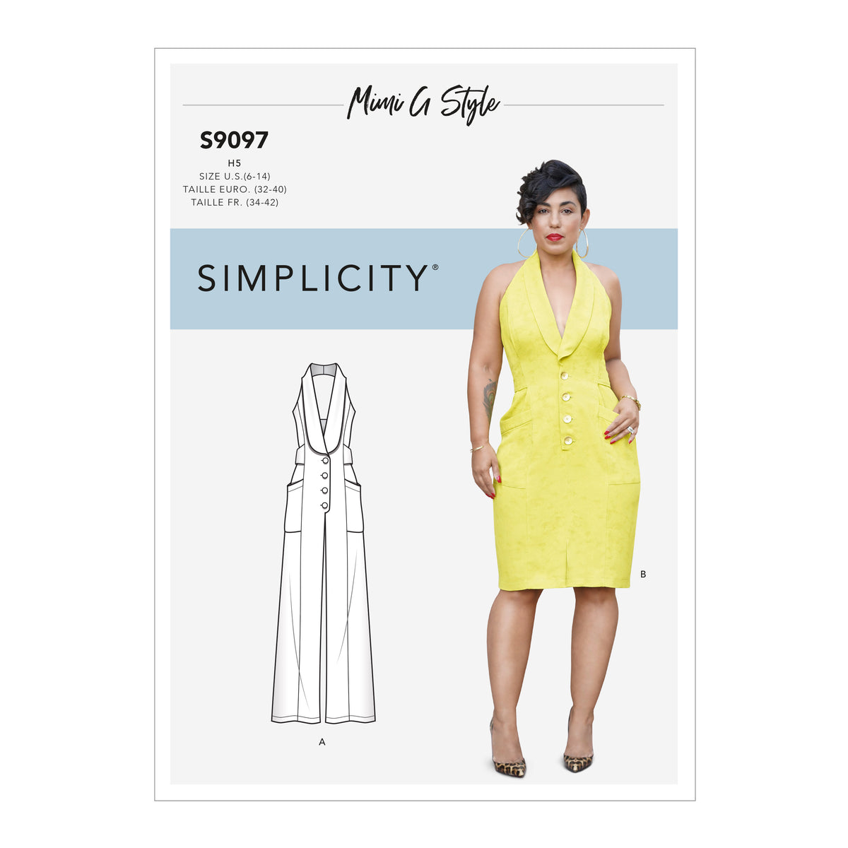 Simplicity S9097 sewing pattern envelope showing the Misses' Dress designs