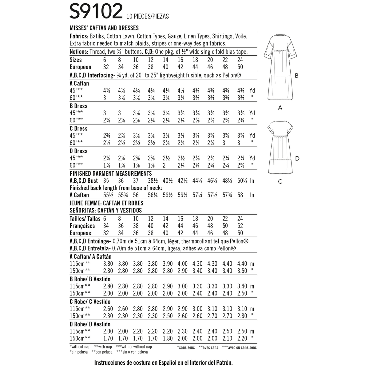 Simplicity S9102 sewing pattern envelope showing the Misses' Dress designs
