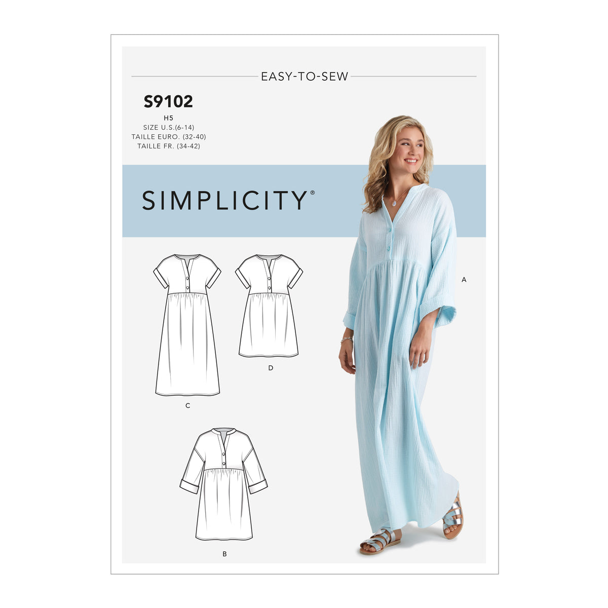 Simplicity S9102 sewing pattern envelope showing the Misses' Dress designs