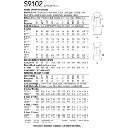 Simplicity S9102 sewing pattern envelope showing the Misses' Dress designs