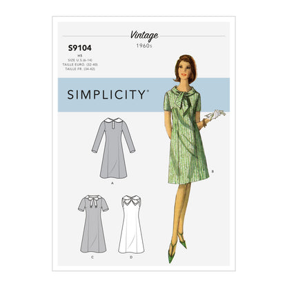 Simplicity S9104 sewing pattern envelope showing the Misses' Vintage Dress designs