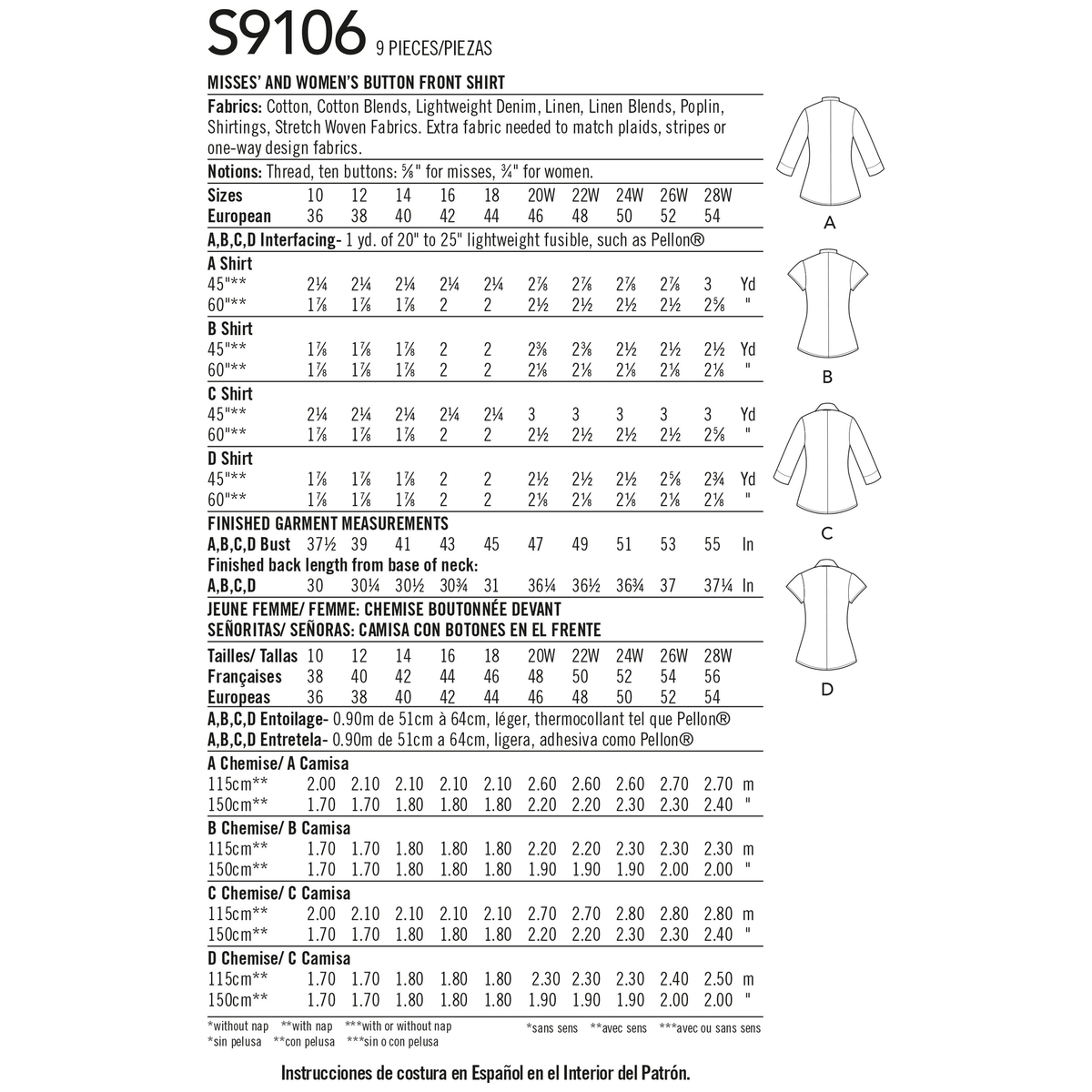 Simplicity S9106 sewing pattern envelope showing the Misses' Tops designs