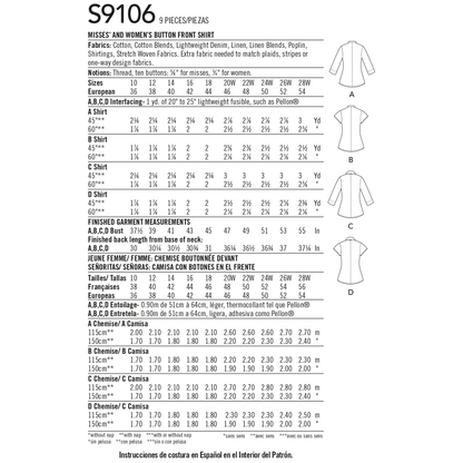 Simplicity S9106 sewing pattern envelope showing the Misses' Tops designs