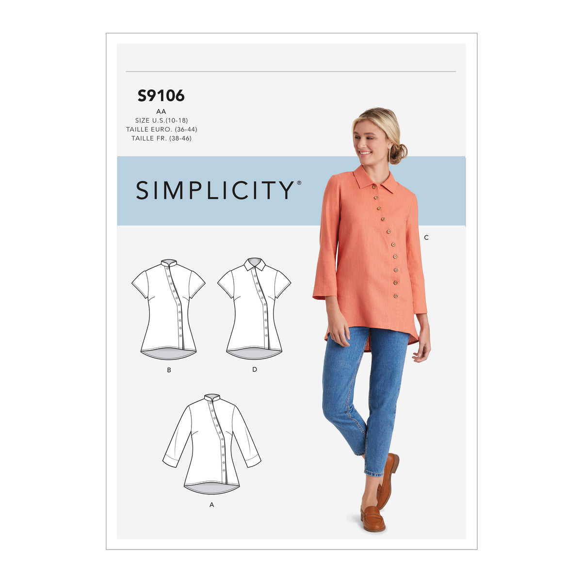 Simplicity S9106 sewing pattern envelope showing the Plus Size Tops designs