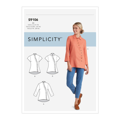 Simplicity S9106 sewing pattern envelope showing the Plus Size Tops designs