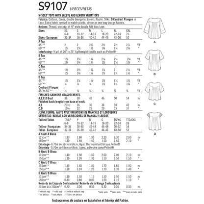 Simplicity S9107 sewing pattern envelope showing the Misses' Tops designs
