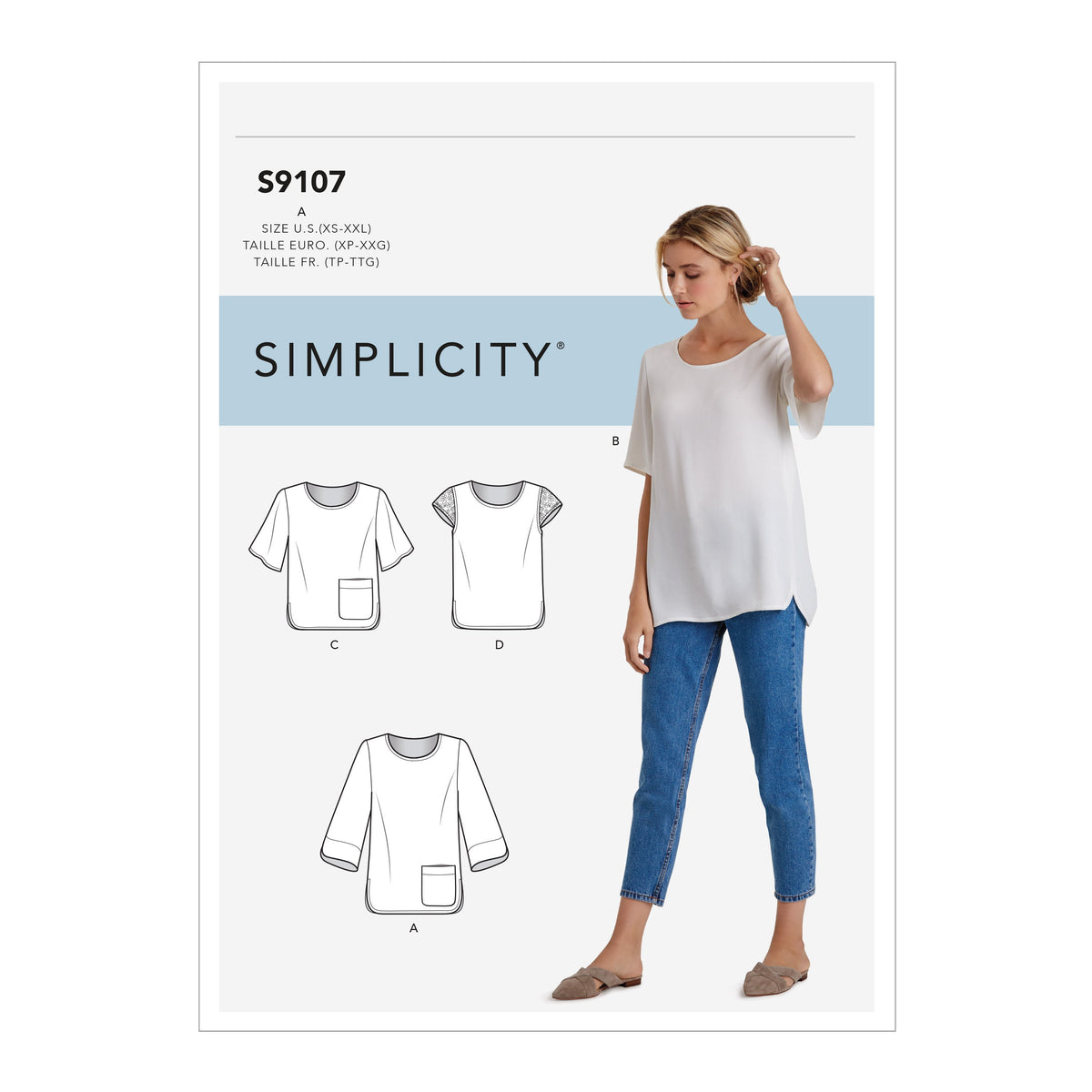 Simplicity S9107 sewing pattern envelope showing the Misses' Tops designs