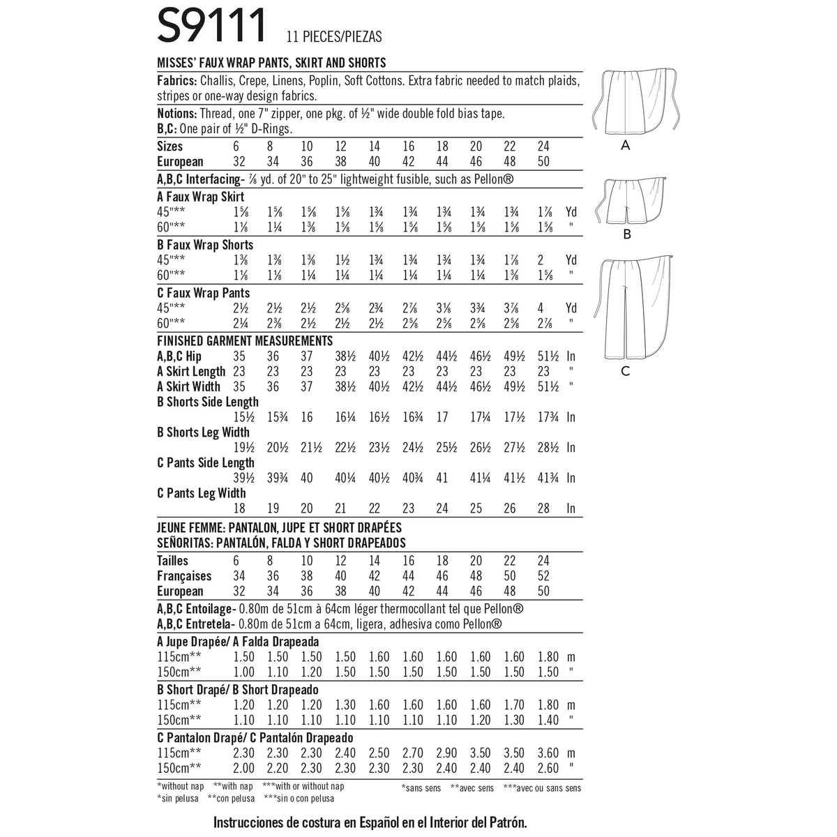 Simplicity S9111 sewing pattern envelope showing the Misses' Skirt, Shorts and Trousers designs