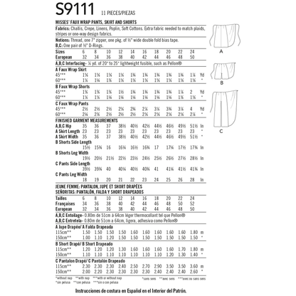 Simplicity S9111 sewing pattern envelope showing the Misses' Skirt, Shorts and Trousers designs