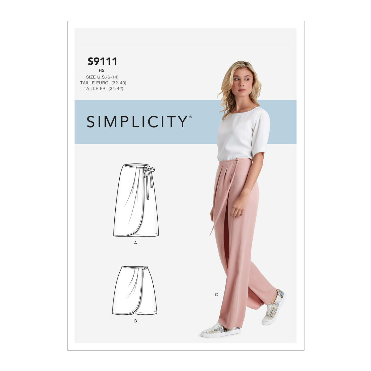 Simplicity S9111 sewing pattern envelope showing the Misses' Skirt, Shorts and Trousers designs