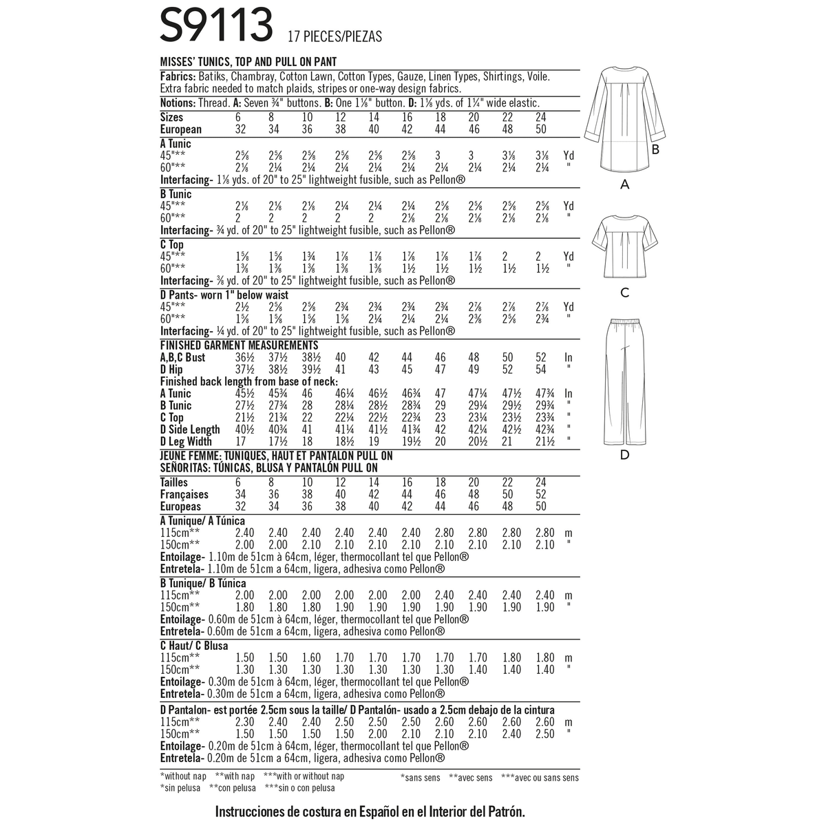 Simplicity S9113 sewing pattern envelope showing the Misses' Button Front Tunic and Tops designs