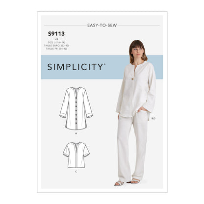 Simplicity S9113 sewing pattern envelope showing the Misses' Button Front Tunic and Tops designs