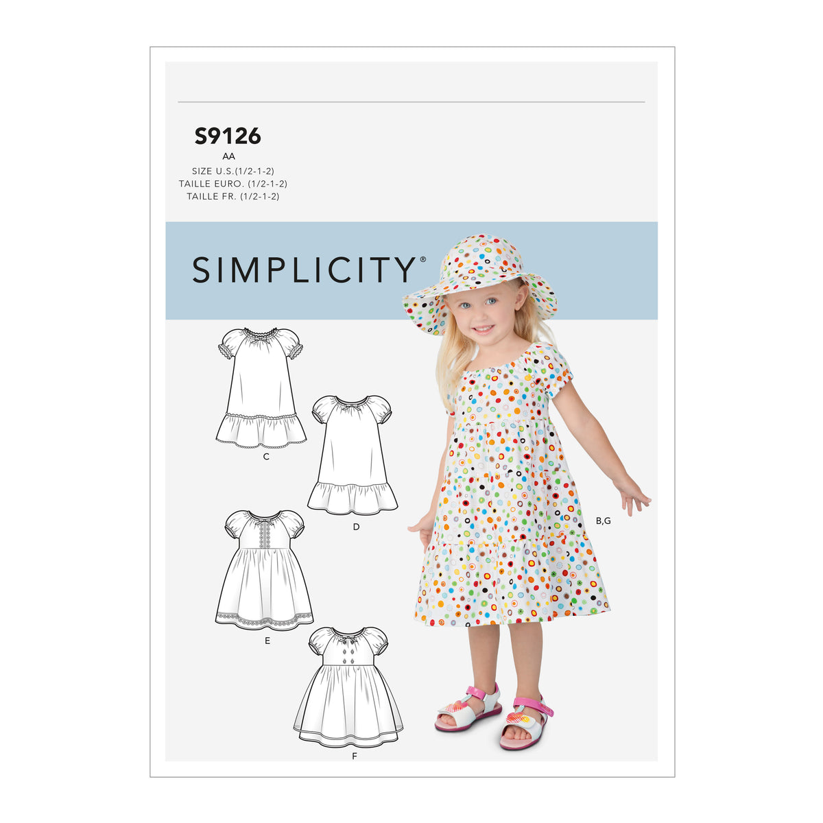 Simplicity S9126 pattern envelope showing toddler dresses and hat
