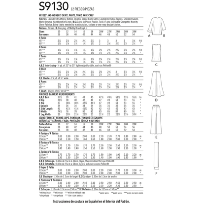 Simplicity S9130 pattern envelope showing skirt, trousers, tunic and scarf